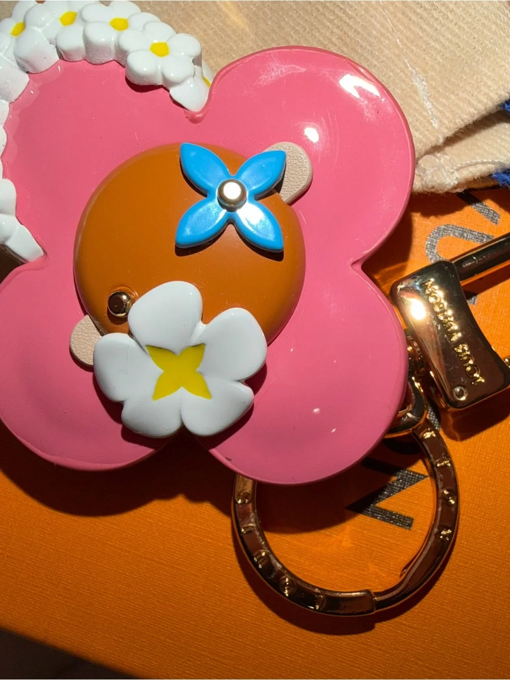 Pink and Blue Flower Charm Keyring with Gold Hardware
